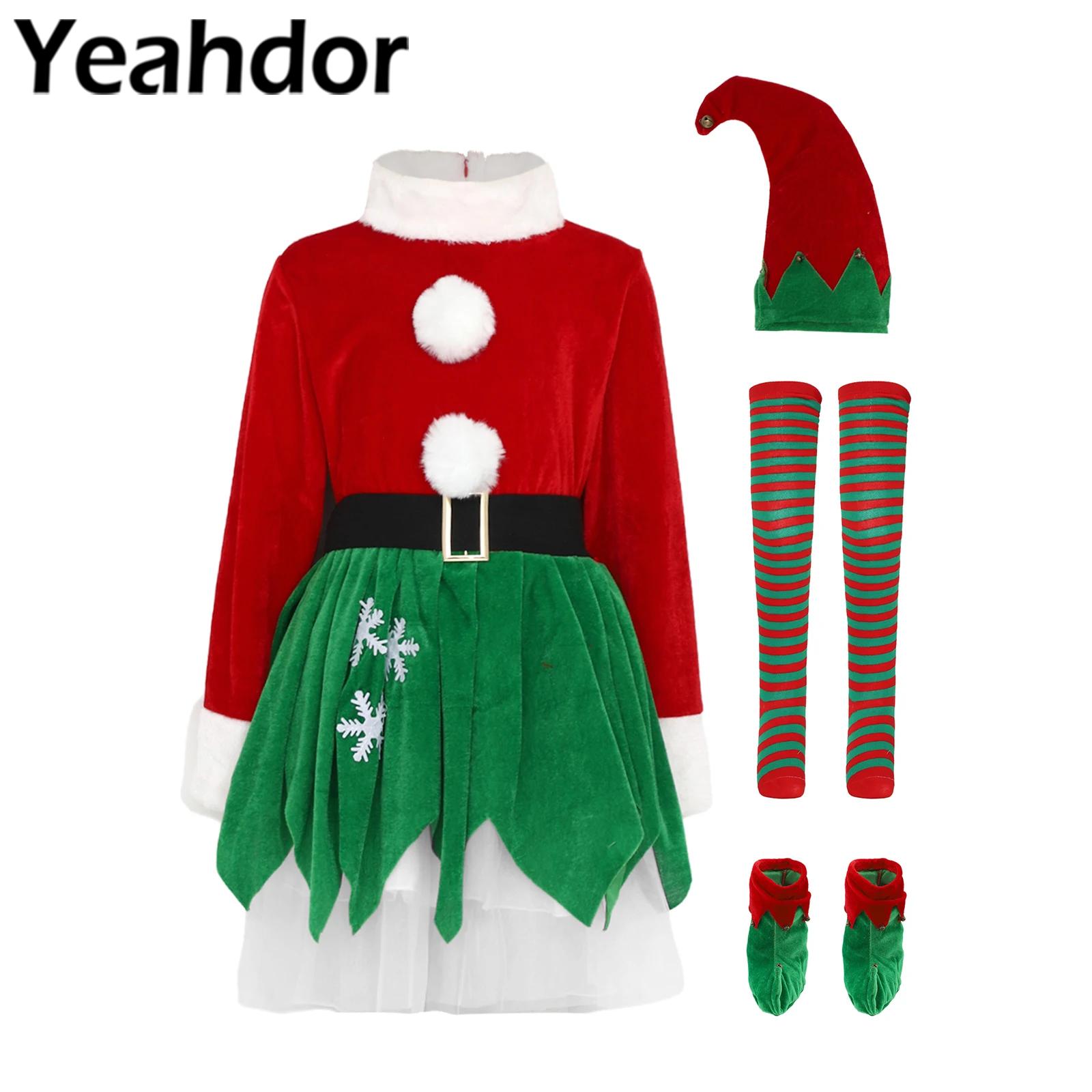 Elf Costume Christmas - ชุดแฟนซีเด็กผู้หญิงสำหรับคริสต์มาส ชุดเอลฟ์ปีใหม่ ชุดเดรสกระโปรงบานสำหรับงานปาร์ตี้ พร้อมหมวก เข็มขัด และถุงเท้า