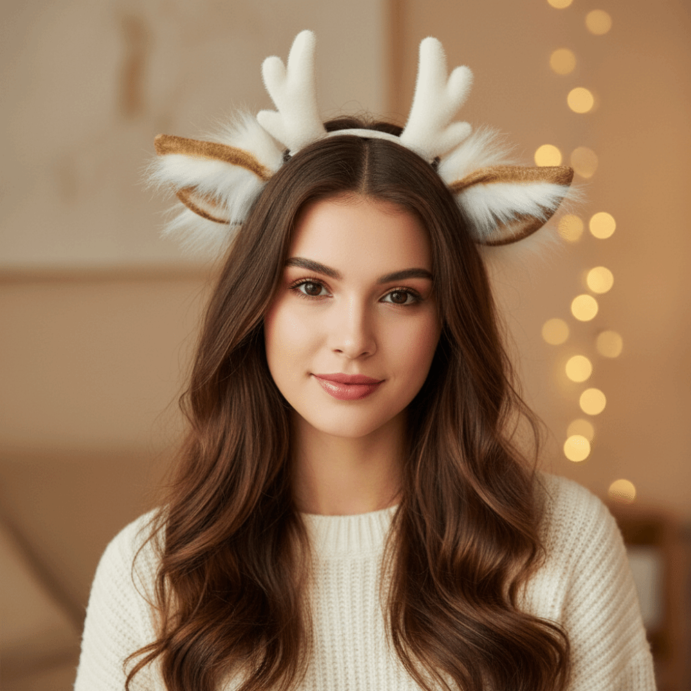 Reindeer Antlers Headband - ที่คาดผมเขากวางทำมือ หูกวางจำลอง ที่คาดผมหูกวาง ดีไซน์ขนฟูน่ารัก ที่คาดผมเขากวางเรนเดียร์น่ารักสำหรับงานปาร์ตี้คริสต์มาส
