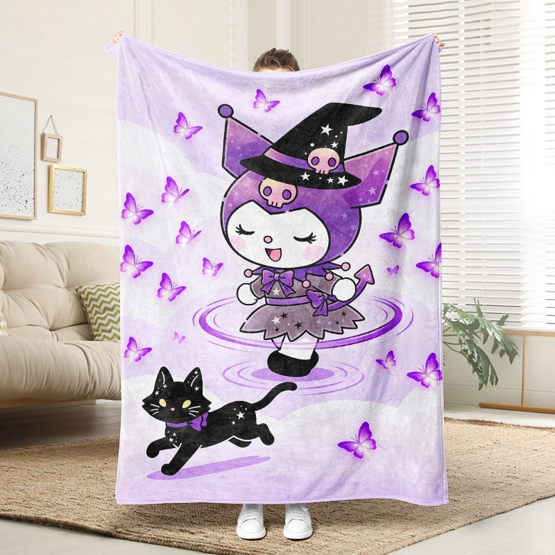 Christmas Throw Blanket - ผ้าห่มซานริโอ ผ้าห่มนุ่มสบายลายแม่มดสีม่วงและแมวดำ ผ้าฟลีซเนื้อนุ่มพร้อมลายผีเสื้อ เหมาะสำหรับตกแต่งบ้าน