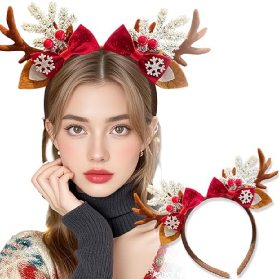 Reindeer Antlers Headband - ที่คาดผมคริสต์มาสสุดน่ารักสำหรับผู้หญิง ที่คาดผมลายกวางเรนเดียร์พร้อมโบว์และเกล็ดหิมะ เครื่องประดับผมลายกวางเอลค์สำหรับคริสต์มาส
